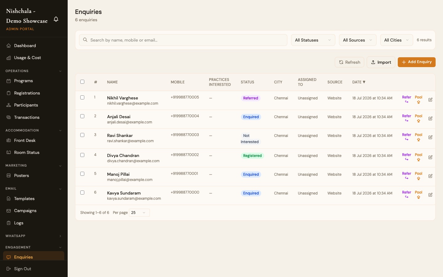 The Enquiries screen showing incoming leads with status and source