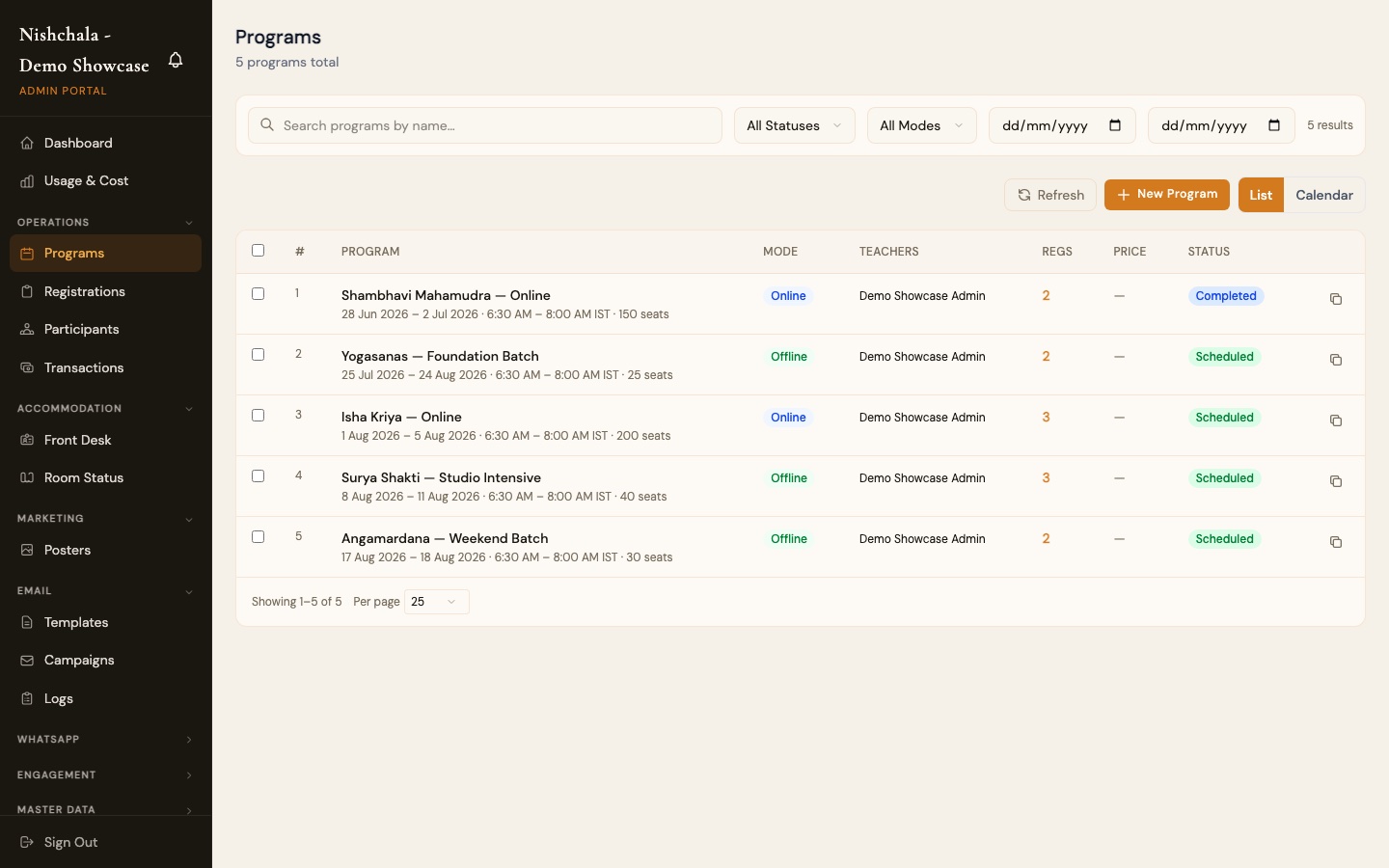 The Programs list showing scheduled and completed batches